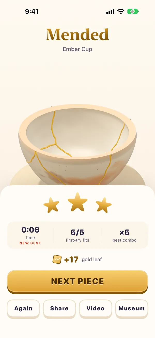 A finished piece with three stars and the gold leaf earned.