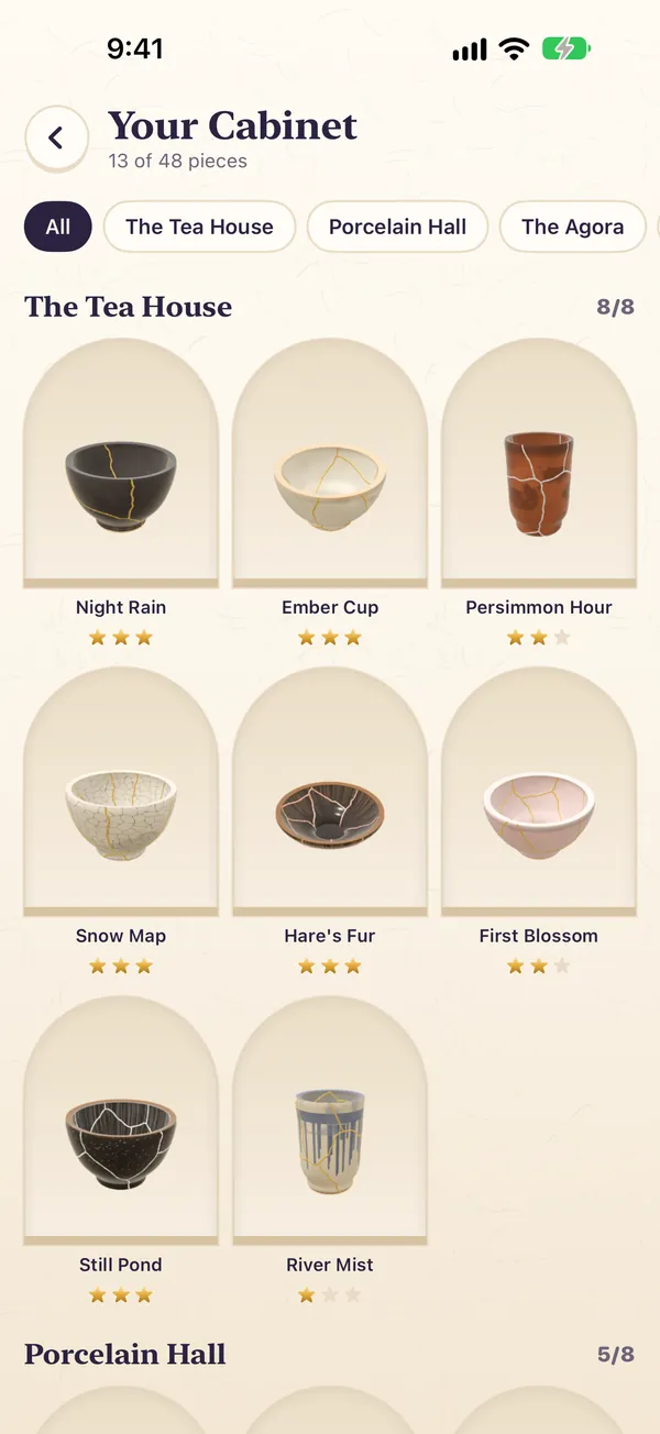 Your cabinet: every mended piece in its own arched niche.